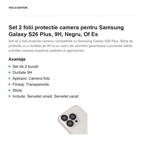 Set 2 folii protectie camera pentru Samsung Galaxy S26 Plus, 9H, Negru, Of Es [1]