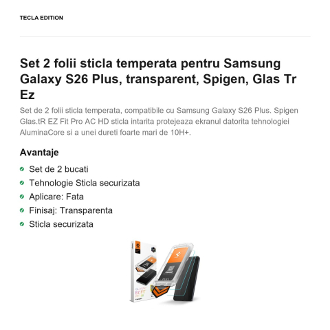 Set 2 folii sticla temperata pentru Samsung Galaxy S26 Plus, transparent, Spigen, Glas Tr Ez [1]