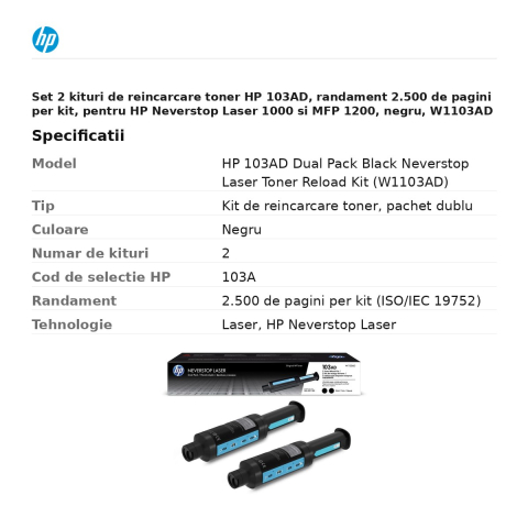 Set 2 kituri de reincarcare toner HP 103AD, randament 2.500 de pagini per kit, pentru HP Neverstop Laser 1000 si MFP 1200, negru, W1103AD [2]