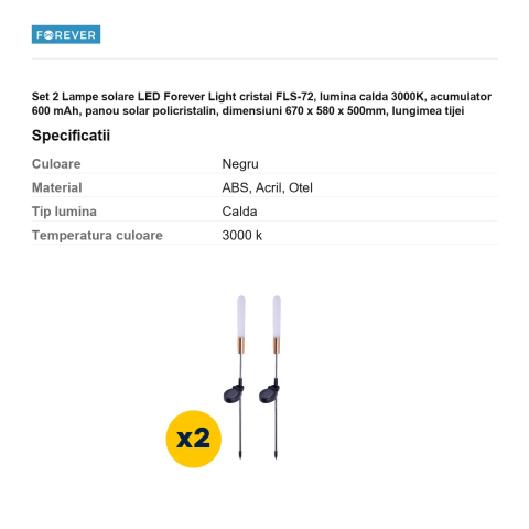Set 2 Lampe solare LED Forever Light cristal FLS-72, lumina calda 3000K, acumulator 600 mAh, panou solar policristalin, dimensiuni 670 x 580 x 500mm, lungimea tijei 34cm, material otel, acril, ABS [2]