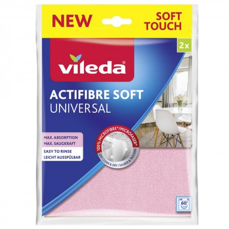 Lavete si prosoape - Set 2 lavete Vileda Actifibre Soft Universal 24081, suprafata 27 x 32 cm, multifunctionale, roz si gri