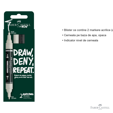 Set 2 markere acrilice Faber-Castell Multimark alb si negru, varf dublu, pentru suprafete multiple [2]