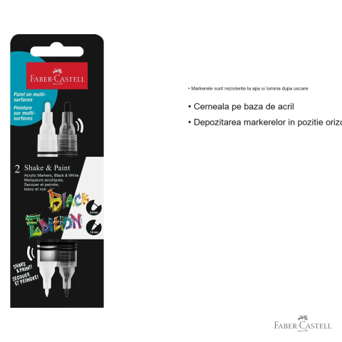 Set 2 markere acrilice Faber-Castell Shake&Paint alb-negru, varf dublu, pentru design si ilustratie [2]