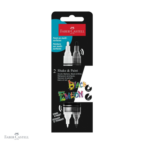 Markere si instrumente de desen artistic - Set 2 markere acrilice Faber-Castell Shake&Paint alb-negru, varf dublu, pentru design si ilustratie
