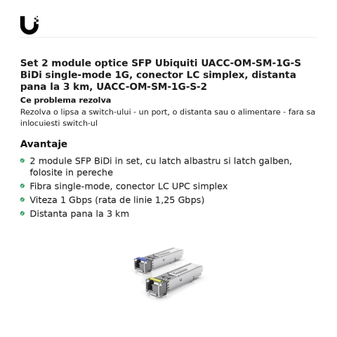 Set 2 module optice SFP Ubiquiti UACC-OM-SM-1G-S BiDi single-mode 1G, conector LC simplex, distanta pana la 3 km, UACC-OM-SM-1G-S-2 [1]