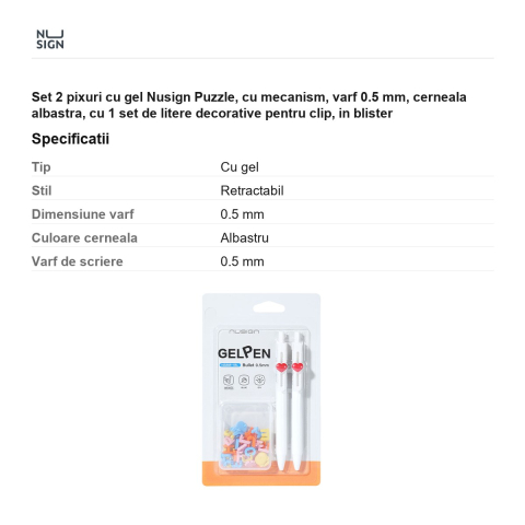 Set 2 pixuri cu gel Nusign Puzzle, cu mecanism, varf 0.5 mm, cerneala albastra, cu 1 set de litere decorative pentru clip, in blister [2]