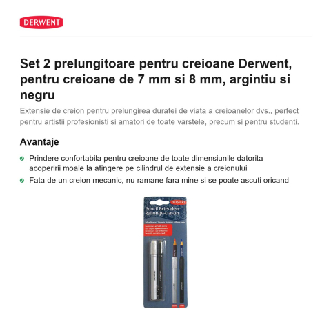 Set 2 prelungitoare pentru creioane Derwent, pentru creioane de 7 mm si 8 mm, argintiu si negru [1]