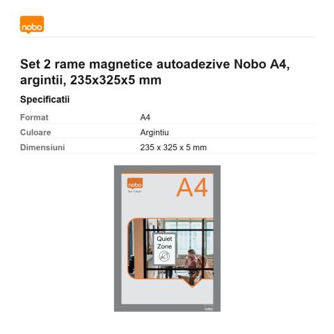 Set 2 rame magnetice autoadezive Nobo A4, argintii, 235x325x5 mm [2]