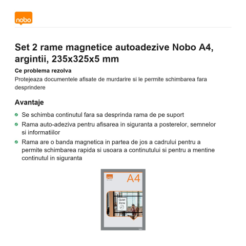 Set 2 rame magnetice autoadezive Nobo A4, argintii, 235x325x5 mm [1]