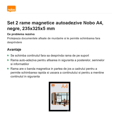 Set 2 rame magnetice autoadezive Nobo A4, negre, 235x325x5 mm [1]