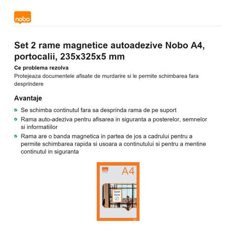 Set 2 rame magnetice autoadezive Nobo A4, portocalii, 235x325x5 mm [1]