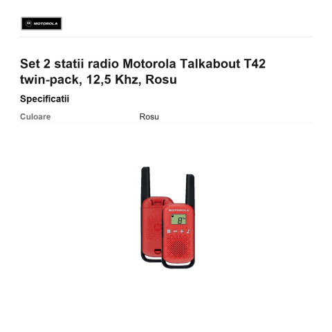 Set 2 statii radio Motorola Talkabout T42 twin-pack, 12,5 Khz, Rosu [2]