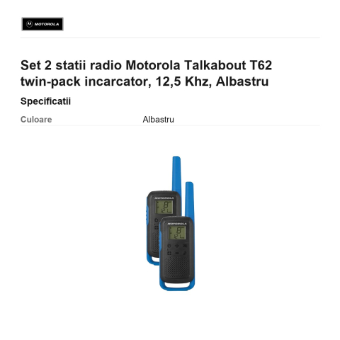 Set 2 statii radio Motorola Talkabout T62 twin-pack incarcator, 12,5 Khz, Albastru [2]