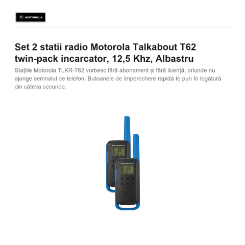 Set 2 statii radio Motorola Talkabout T62 twin-pack incarcator, 12,5 Khz, Albastru [1]