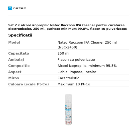 Set 2 x alcool izopropilic Natec Raccoon IPA Cleaner pentru curatarea electronicelor, 250 ml, puritate minimum 99,8%, flacon cu pulverizator, NSC-2450 [2]