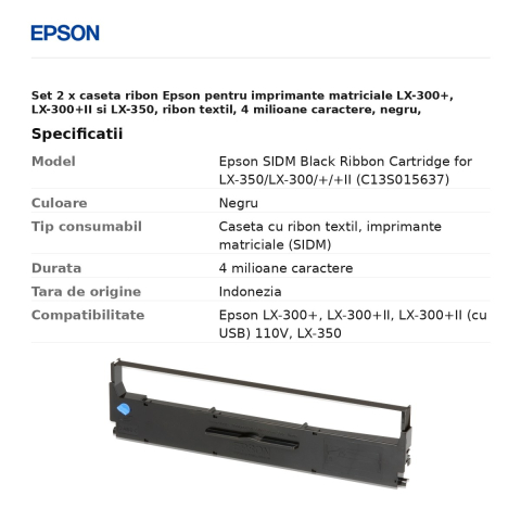 Set 2 x caseta ribon Epson pentru imprimante matriciale LX-300+, LX-300+II si LX-350, ribon textil, 4 milioane caractere, negru, C13S015637 [2]