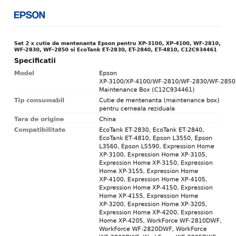 Set 2 x cutie de mentenanta Epson pentru XP-3100, XP-4100, WF-2810, WF-2830, WF-2850 si EcoTank ET-2830, ET-2840, ET-4810, C12C934461 [2]