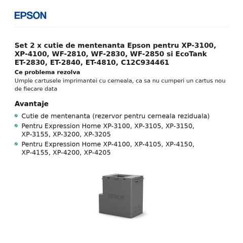 Set 2 x cutie de mentenanta Epson pentru XP-3100, XP-4100, WF-2810, WF-2830, WF-2850 si EcoTank ET-2830, ET-2840, ET-4810, C12C934461 [1]