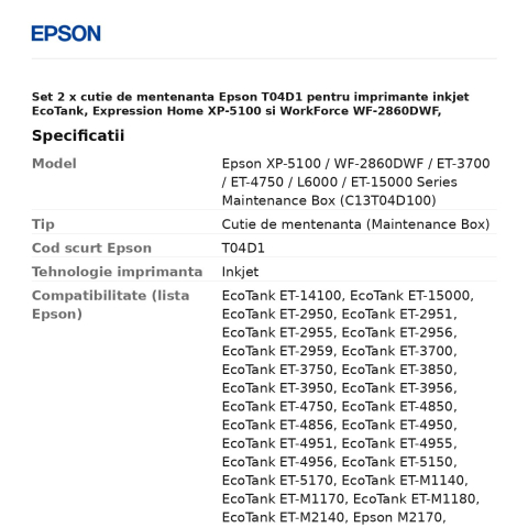 Set 2 x cutie de mentenanta Epson T04D1 pentru imprimante inkjet EcoTank, Expression Home XP-5100 si WorkForce WF-2860DWF, C13T04D100 [2]