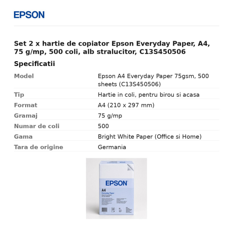 Set 2 x hartie de copiator Epson Everyday Paper, A4, 75 g/mp, 500 coli, alb stralucitor, C13S450506 [2]