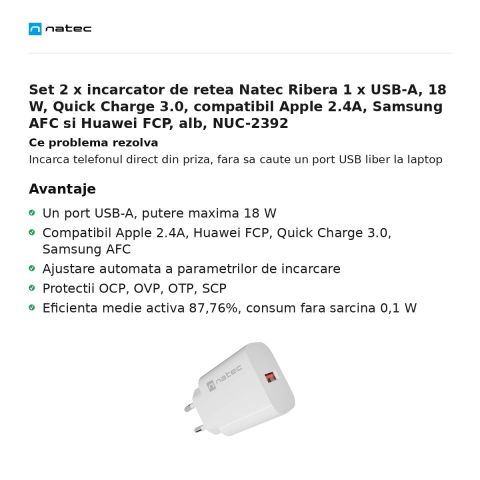 Set 2 x incarcator de retea Natec Ribera 1 x USB-A, 18 W, Quick Charge 3.0, compatibil Apple 2.4A, Samsung AFC si Huawei FCP, alb, NUC-2392 [1]