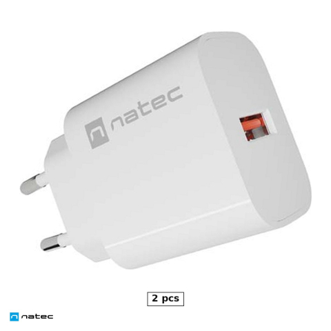 Priza retea - Set 2 x incarcator de retea Natec Ribera 1 x USB-A, 18 W, Quick Charge 3.0, compatibil Apple 2.4A, Samsung AFC si Huawei FCP, alb, NUC-2392