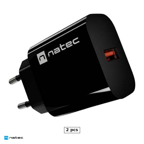 Priza retea - Set 2 x incarcator de retea Natec Ribera 1 x USB-A, 18 W, Quick Charge 3.0, compatibil Apple 2.4A, Samsung AFC si Huawei FCP, negru, NUC-2393