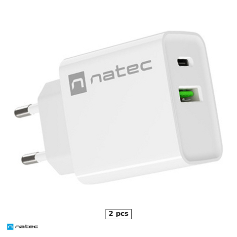 Priza retea - Set 2 x incarcator de retea Natec Ribera, 1 x USB-A si 1 x USB-C, 20 W, Power Delivery 3.0, Quick Charge 3.0, carcasa din plastic autostingibil, alb, NUC-2061