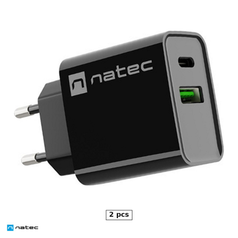 Priza retea - Set 2 x incarcator de retea Natec Ribera, 1 x USB-A si 1 x USB-C, 20 W, Power Delivery 3.0, Quick Charge 3.0, carcasa din plastic autostingibil, negru, NUC-2062