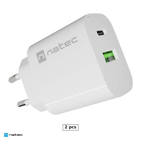 Priza retea - Set 2 x incarcator de retea Natec Ribera, 1 x USB-A si 1 x USB-C, 20 W, Power Delivery 3.0, Quick Charge 3.0, compatibil Apple 2.4A, alb, NUC-2396