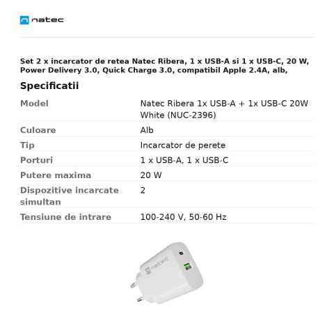 Set 2 x incarcator de retea Natec Ribera, 1 x USB-A si 1 x USB-C, 20 W, Power Delivery 3.0, Quick Charge 3.0, compatibil Apple 2.4A, alb, NUC-2396 [2]