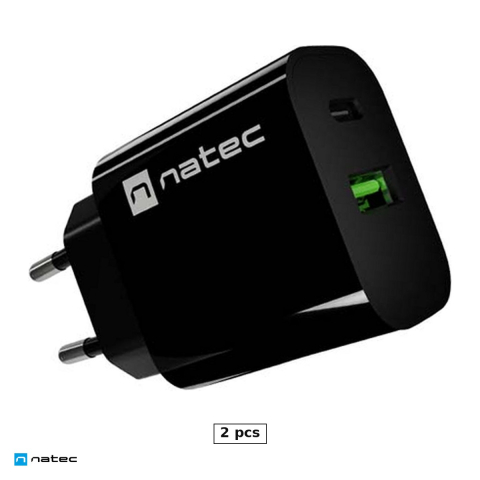Priza retea - Set 2 x incarcator de retea Natec Ribera, 1 x USB-A si 1 x USB-C, 20 W, Power Delivery 3.0, Quick Charge 3.0, compatibil Apple 2.4A, negru, NUC-2397