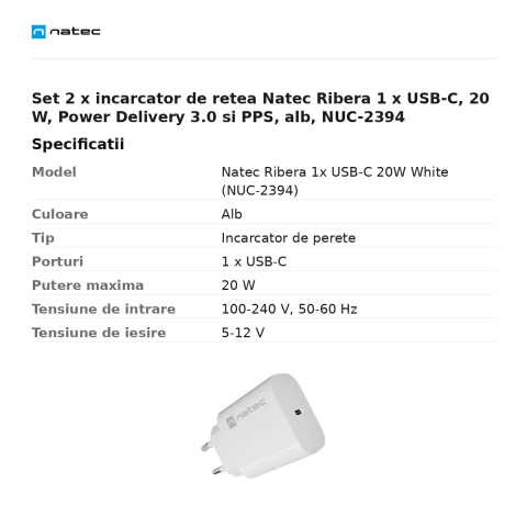 Set 2 x incarcator de retea Natec Ribera 1 x USB-C, 20 W, Power Delivery 3.0 si PPS, alb, NUC-2394 [2]