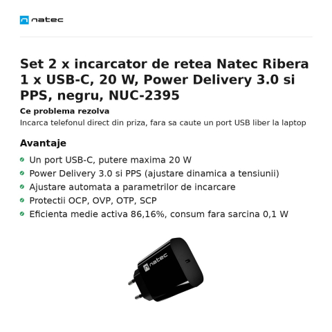 Set 2 x incarcator de retea Natec Ribera 1 x USB-C, 20 W, Power Delivery 3.0 si PPS, negru, NUC-2395 [1]