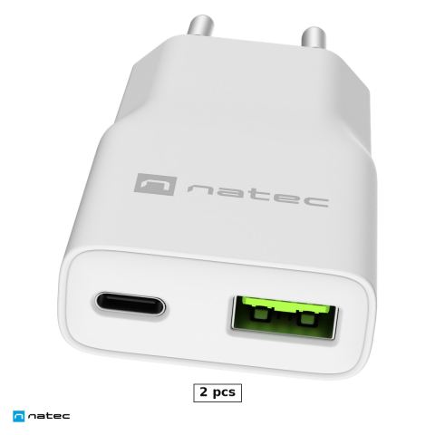 Priza retea - Set 2 x incarcator de retea Natec Ribera GaN Slim, 1 x USB-A si 1 x USB-C, 20 W, Power Delivery si PPS, Quick Charge, 2 dispozitive simultan, alb, NUC-2376