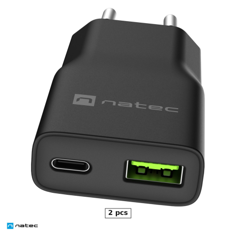 Priza retea - Set 2 x incarcator de retea Natec Ribera GaN Slim, 1 x USB-A si 1 x USB-C, 20 W, Power Delivery si PPS, Quick Charge, 2 dispozitive simultan, negru, NUC-2377