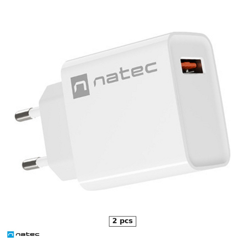 Priza retea - Set 2 x incarcator de retea Natec Ribera USB-A, 18 W, Quick Charge 3.0, Samsung AFC, Huawei FCP/SCP, carcasa din plastic autostingibil, alb, NUC-2057