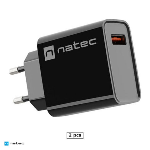 Priza retea - Set 2 x incarcator de retea Natec Ribera USB-A, 18 W, Quick Charge 3.0, Samsung AFC, Huawei FCP/SCP, carcasa din plastic autostingibil, negru, NUC-2058