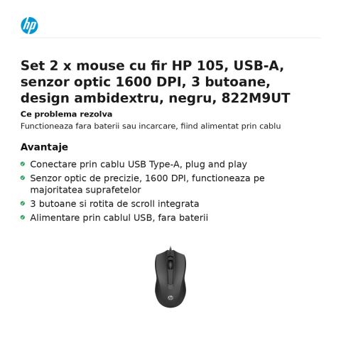 Set 2 x mouse cu fir HP 105, USB-A, senzor optic 1600 DPI, 3 butoane, design ambidextru, negru, 822M9UT [1]