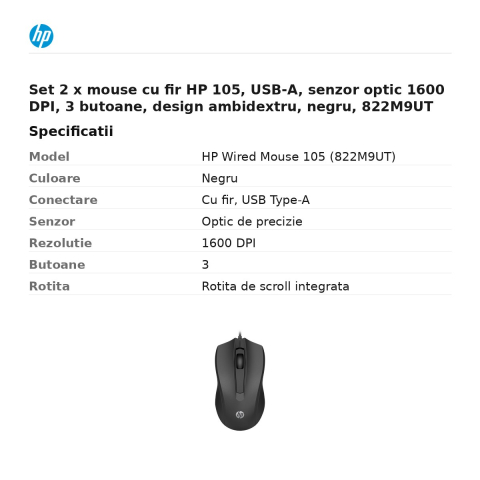 Set 2 x mouse cu fir HP 105, USB-A, senzor optic 1600 DPI, 3 butoane, design ambidextru, negru, 822M9UT [2]