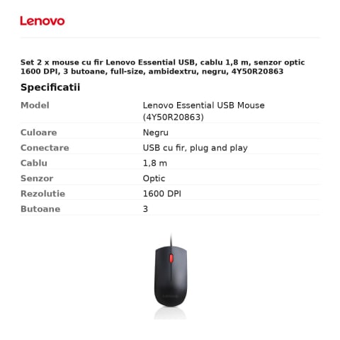Set 2 x mouse cu fir Lenovo Essential USB, cablu 1,8 m, senzor optic 1600 DPI, 3 butoane, full-size, ambidextru, negru, 4Y50R20863 [2]