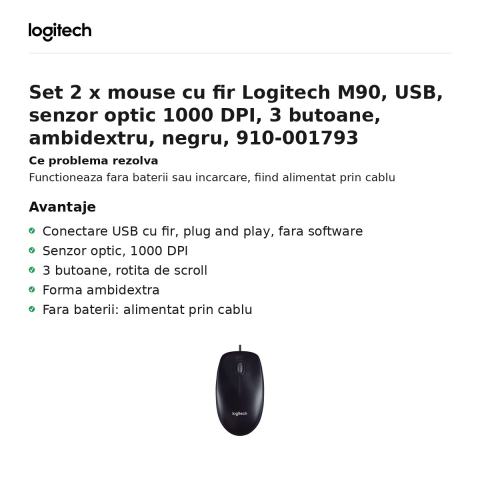 Set 2 x mouse cu fir Logitech M90, USB, senzor optic 1000 DPI, 3 butoane, ambidextru, negru, 910-001793 [1]