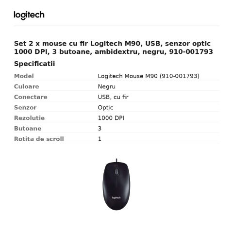 Set 2 x mouse cu fir Logitech M90, USB, senzor optic 1000 DPI, 3 butoane, ambidextru, negru, 910-001793 [2]