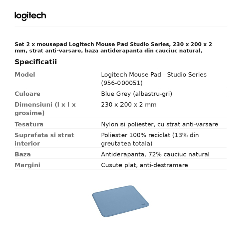 Set 2 x mousepad Logitech Mouse Pad Studio Series, 230 x 200 x 2 mm, strat anti-varsare, baza antiderapanta din cauciuc natural, albastru-gri, 956-000051 [2]