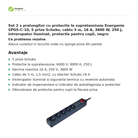 Set 2 x prelungitor cu protectie la supratensiune Energenie SPG5-C-10, 5 prize Schuko, cablu 3 m, 16 A, 3600 W, 250 J, intrerupator iluminat, protectie pentru copii, negru [1]