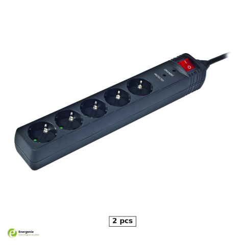 Prize electrice - Set 2 x prelungitor cu protectie la supratensiune Energenie SPG5-C-10, 5 prize Schuko, cablu 3 m, 16 A, 3600 W, 250 J, intrerupator iluminat, protectie pentru copii, negru