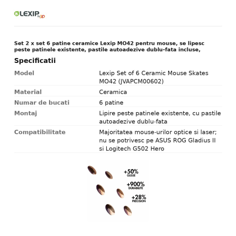 Set 2 x set 6 patine ceramice Lexip MO42 pentru mouse, se lipesc peste patinele existente, pastile autoadezive dublu-fata incluse, JVAPCM00602 [2]