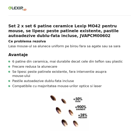 Set 2 x set 6 patine ceramice Lexip MO42 pentru mouse, se lipesc peste patinele existente, pastile autoadezive dublu-fata incluse, JVAPCM00602 [1]