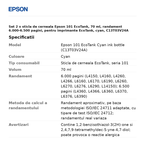 Set 2 x sticla de cerneala Epson 101 EcoTank, 70 ml, randament 6.000-6.500 pagini, pentru imprimante EcoTank, cyan, C13T03V24A [2]