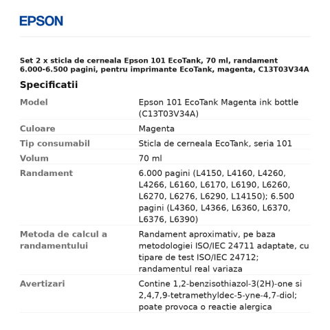 Set 2 x sticla de cerneala Epson 101 EcoTank, 70 ml, randament 6.000-6.500 pagini, pentru imprimante EcoTank, magenta, C13T03V34A [2]